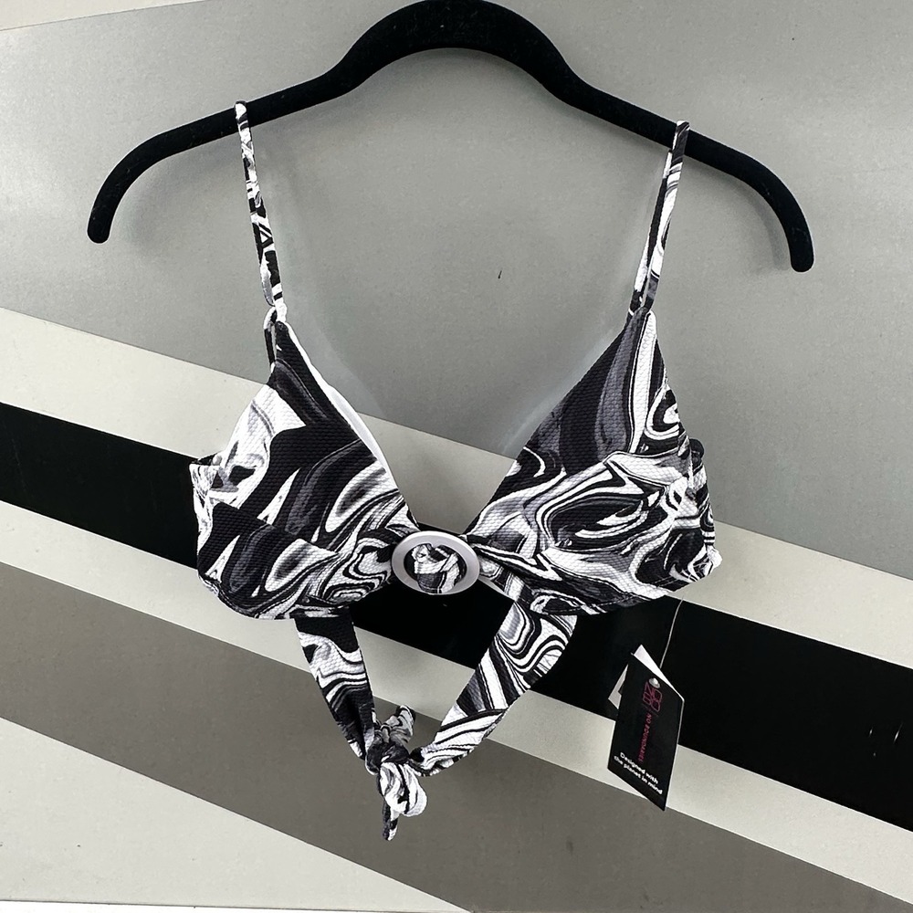 NWT NOBO BIKINI TOP Size M (7-9) JR BLACK WHITE & GRAY PIQUE Summer Swimwear